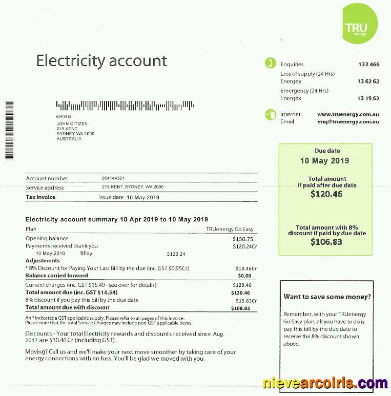 Australia Tru electricity utility bill